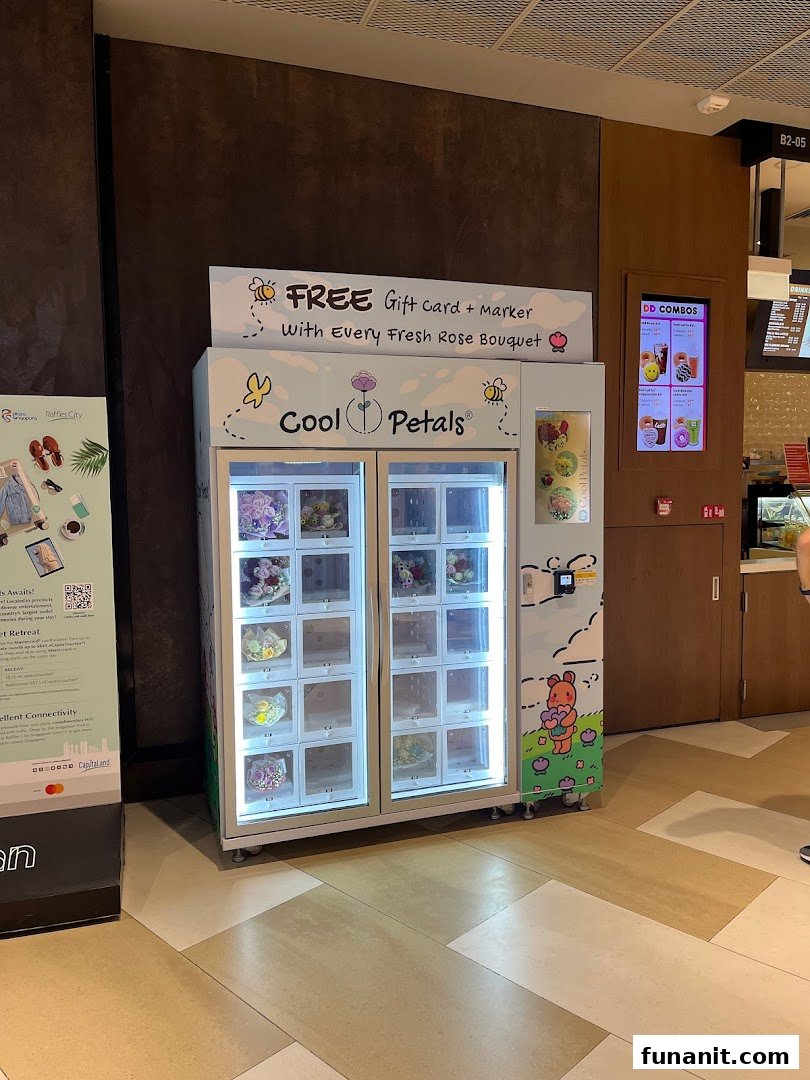 A Cool Petals flower vending machine offering fresh rose bouquets with a free gift card.