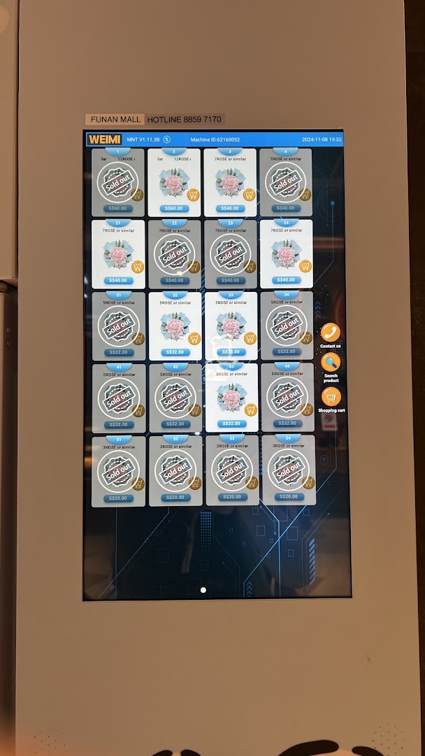 A digital display of a flower vending machine showing various rose bouquets and their prices, with some items sold out.