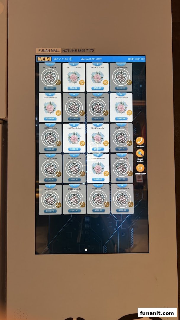 A digital display of a flower vending machine showing various rose bouquets and their prices, with some items sold out.