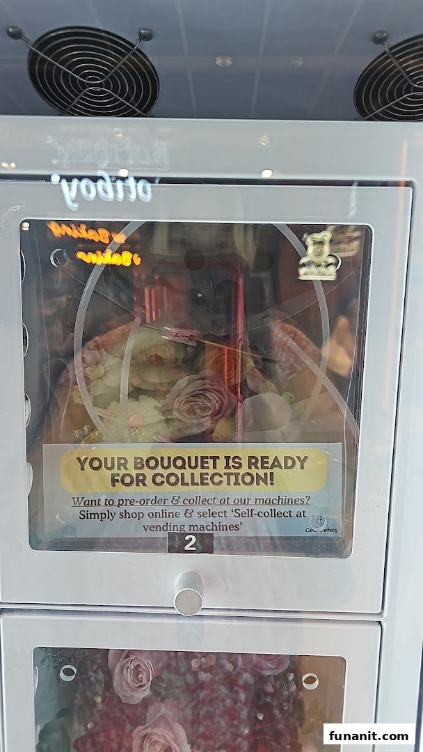 A 'Cool Petals' flower vending machine displaying a beautiful bouquet ready for collection.