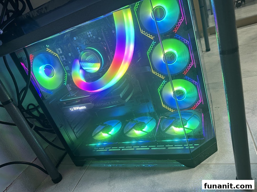 A high-performance gaming PC with vibrant RGB lighting and multiple cooling fans.