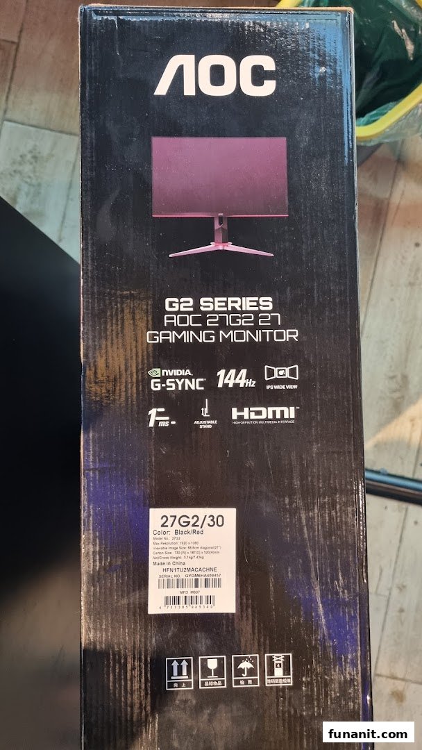 A close-up of an AOC G2 Series 27-inch gaming monitor box, highlighting its features.