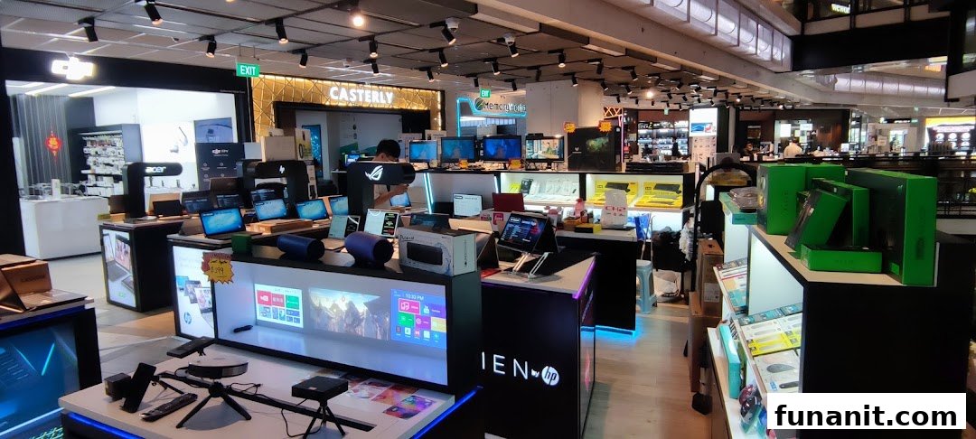 An electronics retail store interior showcasing various laptops, monitors, and tech accessories with a customer browsing.