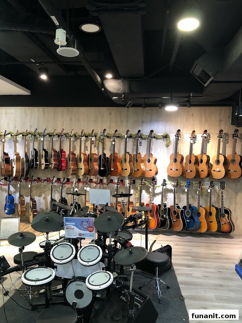 An interior view of Cristofori Music, showcasing a wide array of guitars and an electronic drum set.