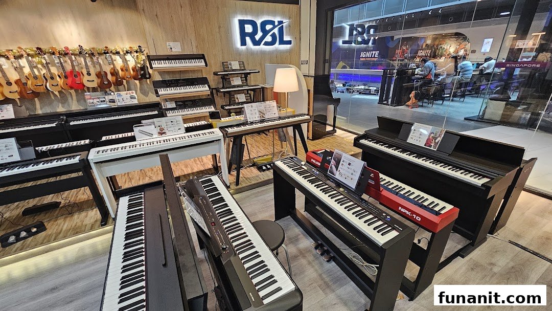 An interior view of Cristofori Music, showcasing a wide array of pianos, keyboards, and ukuleles.