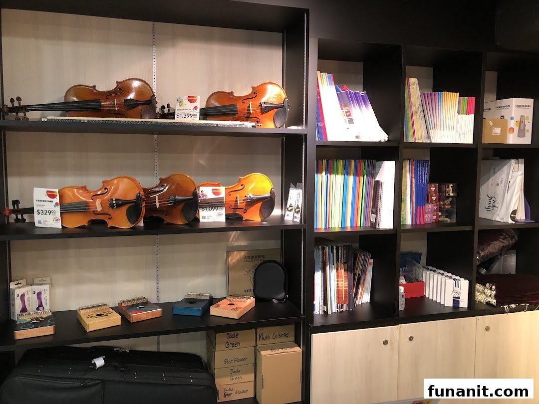 Shelves displaying violins, kalimbas, and music books in a well-stocked music store.