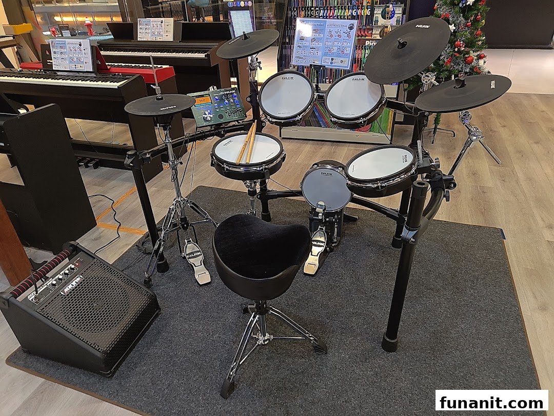 An electronic drum set and keyboards displayed in a music store, ready for exploration.
