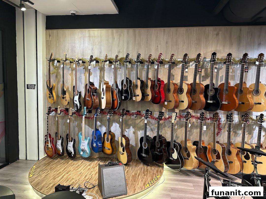 A wide array of guitars, both acoustic and electric, displayed on a wall in a music store.