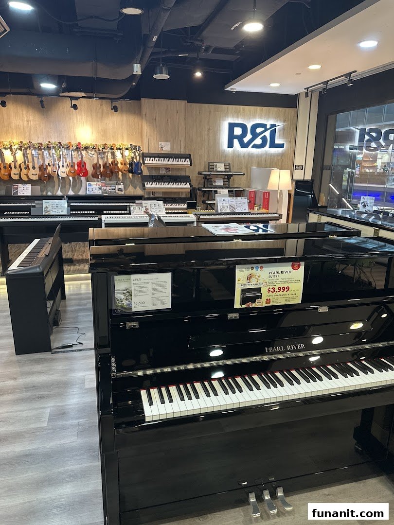 Interior view of a music store showcasing pianos, keyboards, and string instruments like ukuleles.