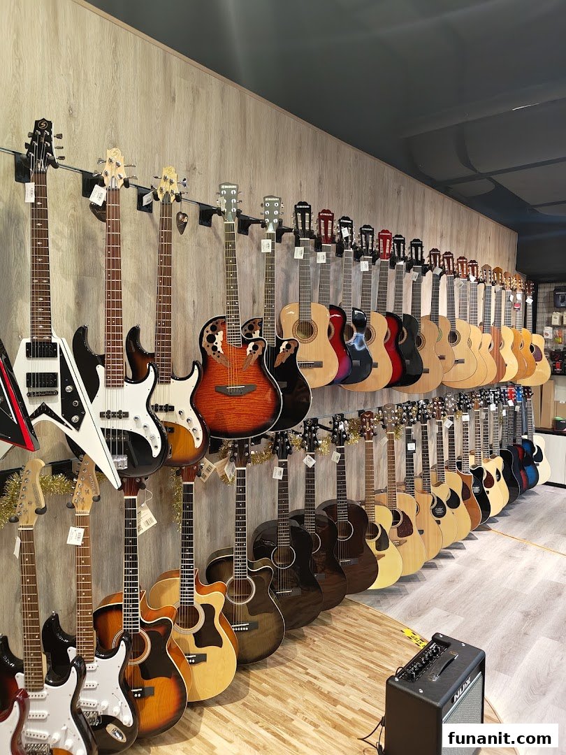 A wide array of acoustic and electric guitars displayed on a wall in a music store.