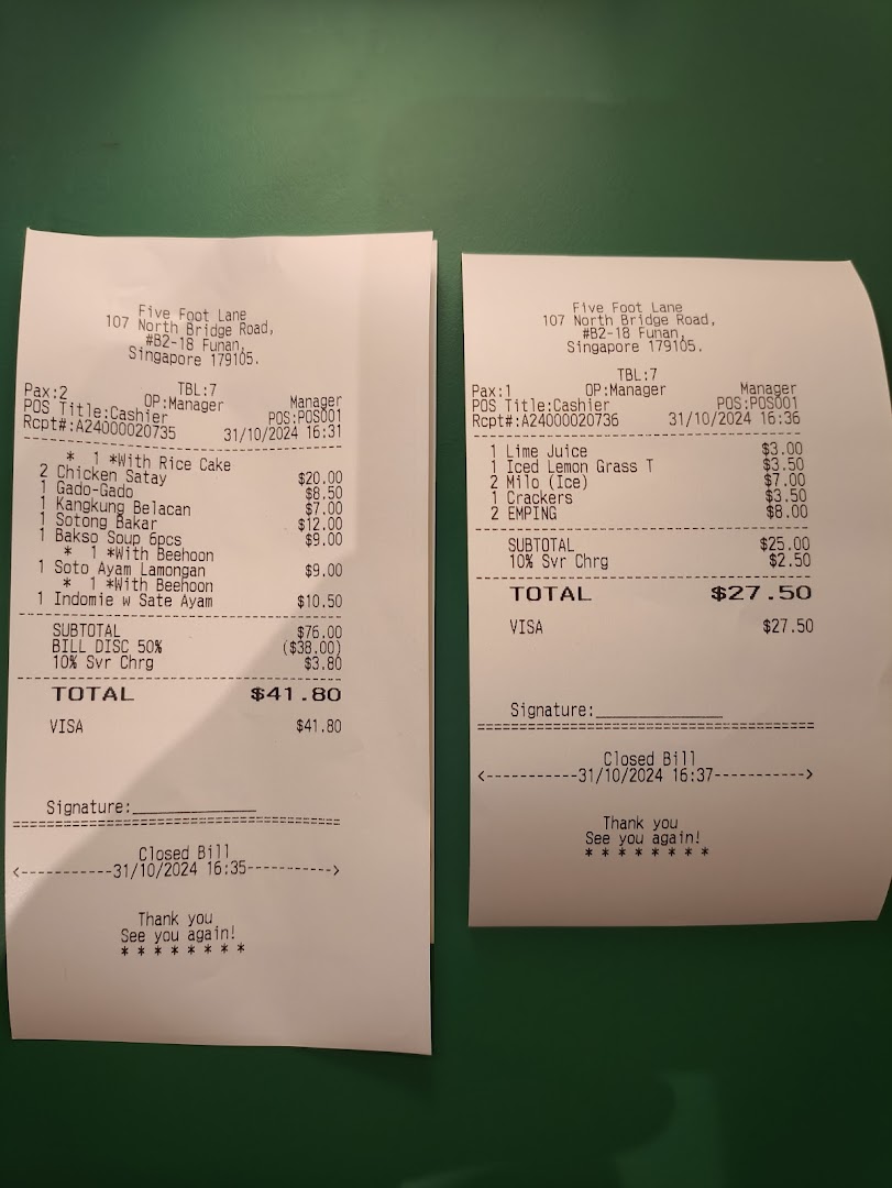 Two detailed receipts from Five Foot Lane restaurant, showcasing various food and drink orders.