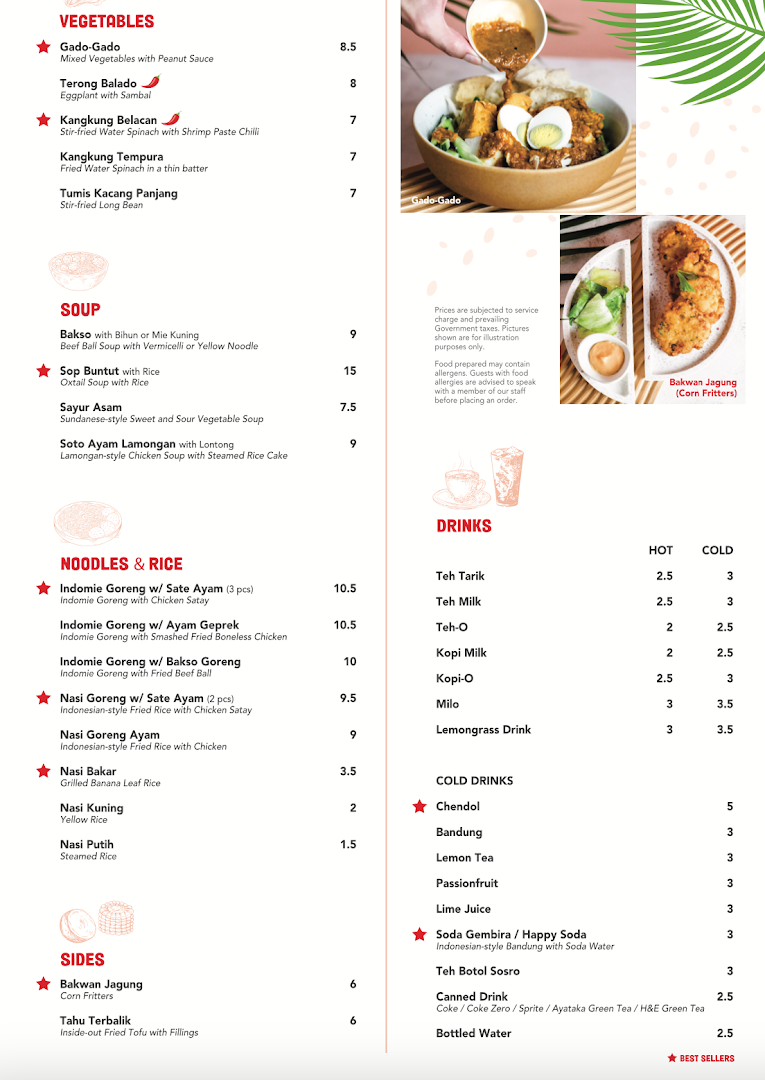 A detailed menu showcasing Indonesian dishes, including vegetables, soups, noodles, rice, sides, and a variety of hot and cold beverages.