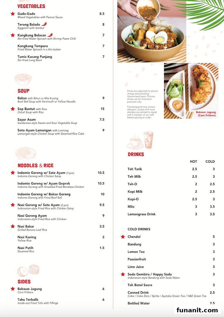 A detailed menu showcasing Indonesian dishes, including vegetables, soups, noodles, rice, sides, and a variety of hot and cold beverages.