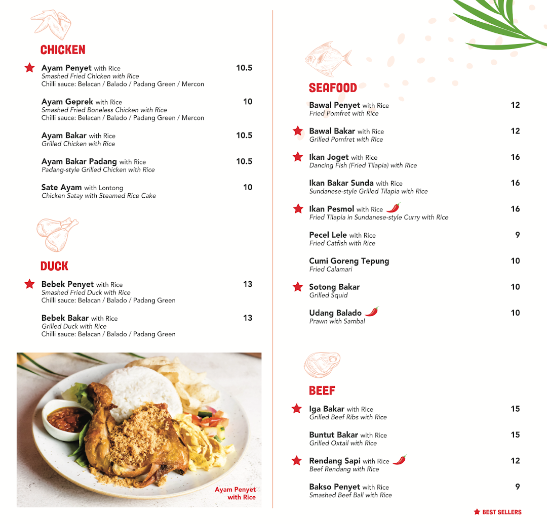 A detailed menu displaying various Indonesian dishes, including chicken, duck, seafood, and beef options.