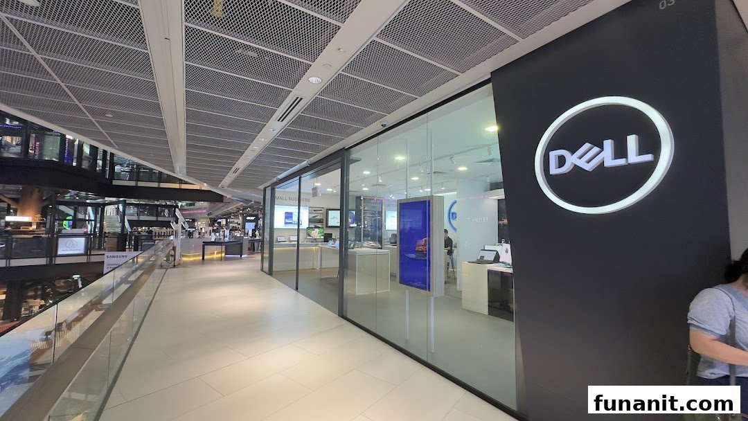 The image shows the exterior of a Dell Exclusive Store with its prominent logo and glass facade.