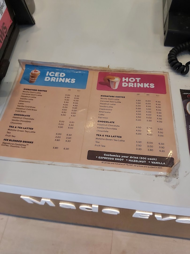A detailed menu board displaying iced and hot drinks with prices at Dunkin' Donuts.