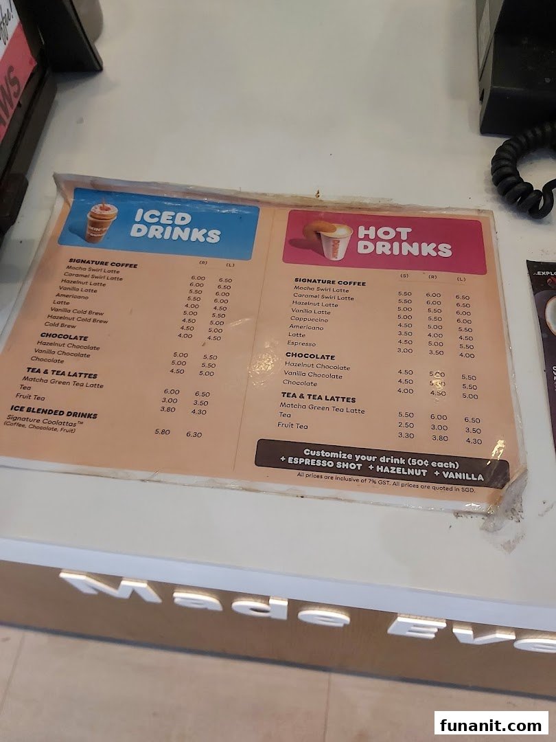 A detailed menu board displaying iced and hot drinks with prices at Dunkin' Donuts.