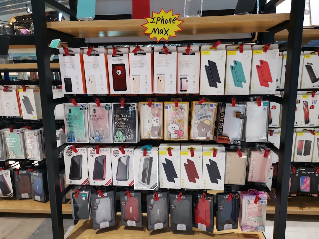 A retail display showcasing a wide variety of iPhone cases and mobile accessories.