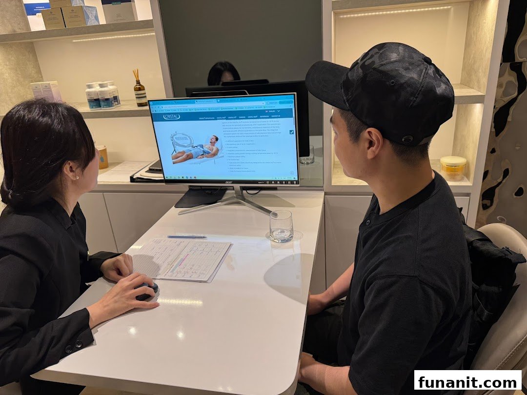 A staff member consults with a customer, showcasing slimming solutions on a computer screen.