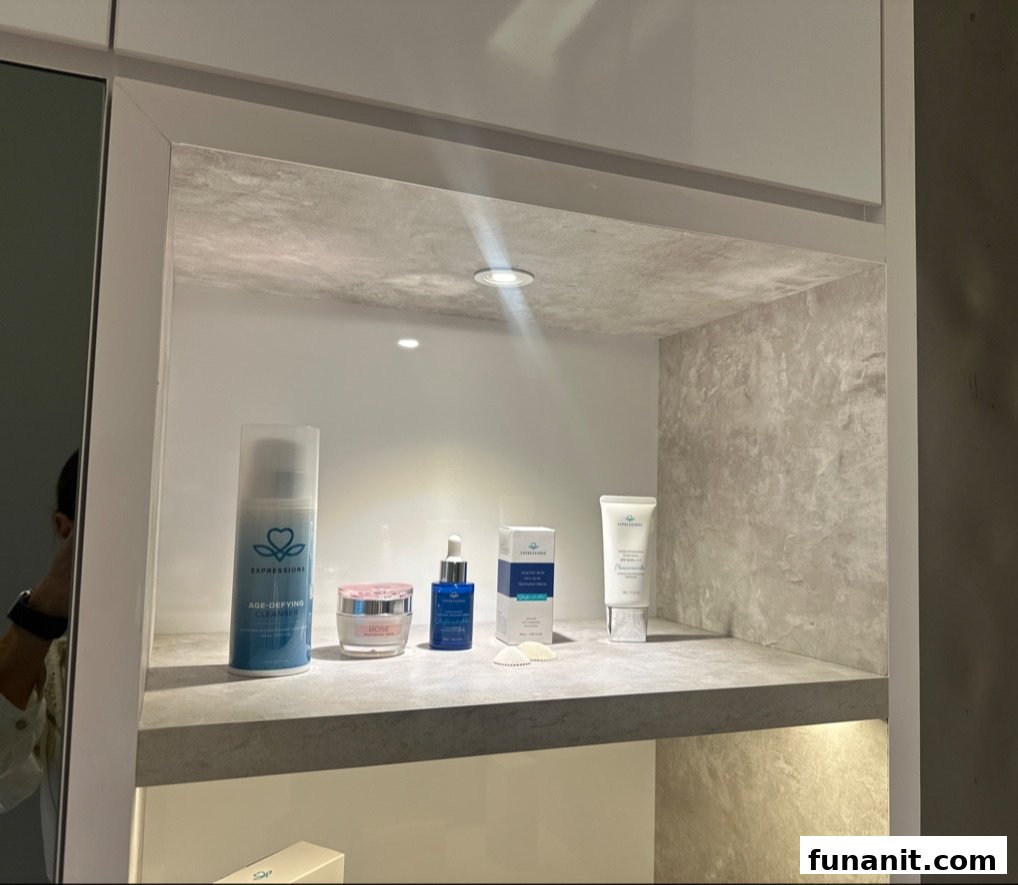Skincare products displayed on an illuminated shelf inside Expressions Funan.