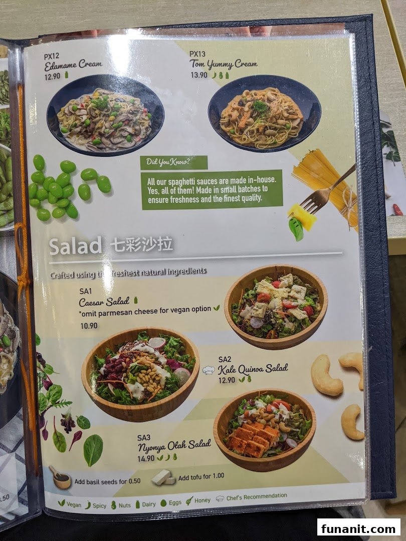 A menu page from Flavours by Saute, showcasing pasta and salad options with prices and dietary information.