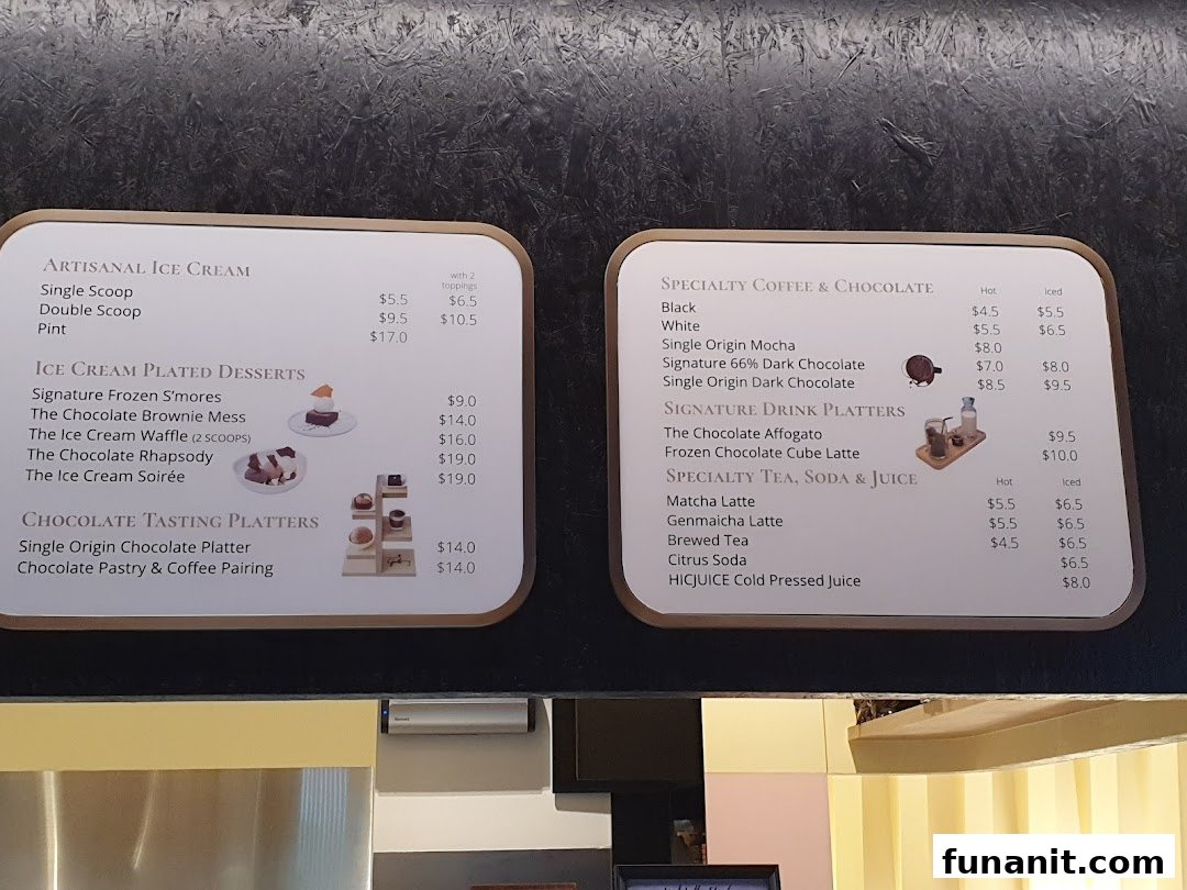 Two menu boards displaying artisanal ice cream, chocolate desserts, specialty coffee, and teas.