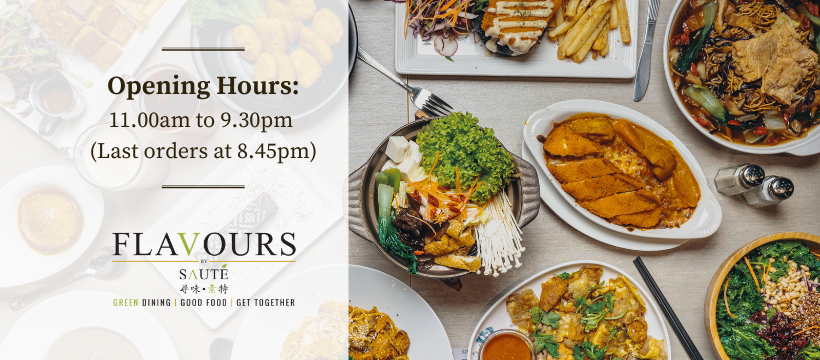 An overhead shot showcasing a variety of delicious vegetarian and vegan dishes from Flavours by Saute, alongside their logo and opening hours.
