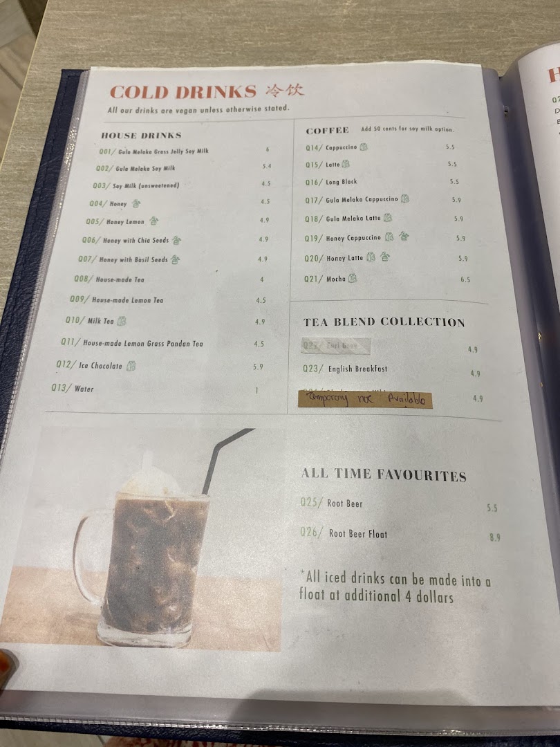 A detailed menu page showcasing cold drinks, coffee, tea, and all-time favourites with prices.
