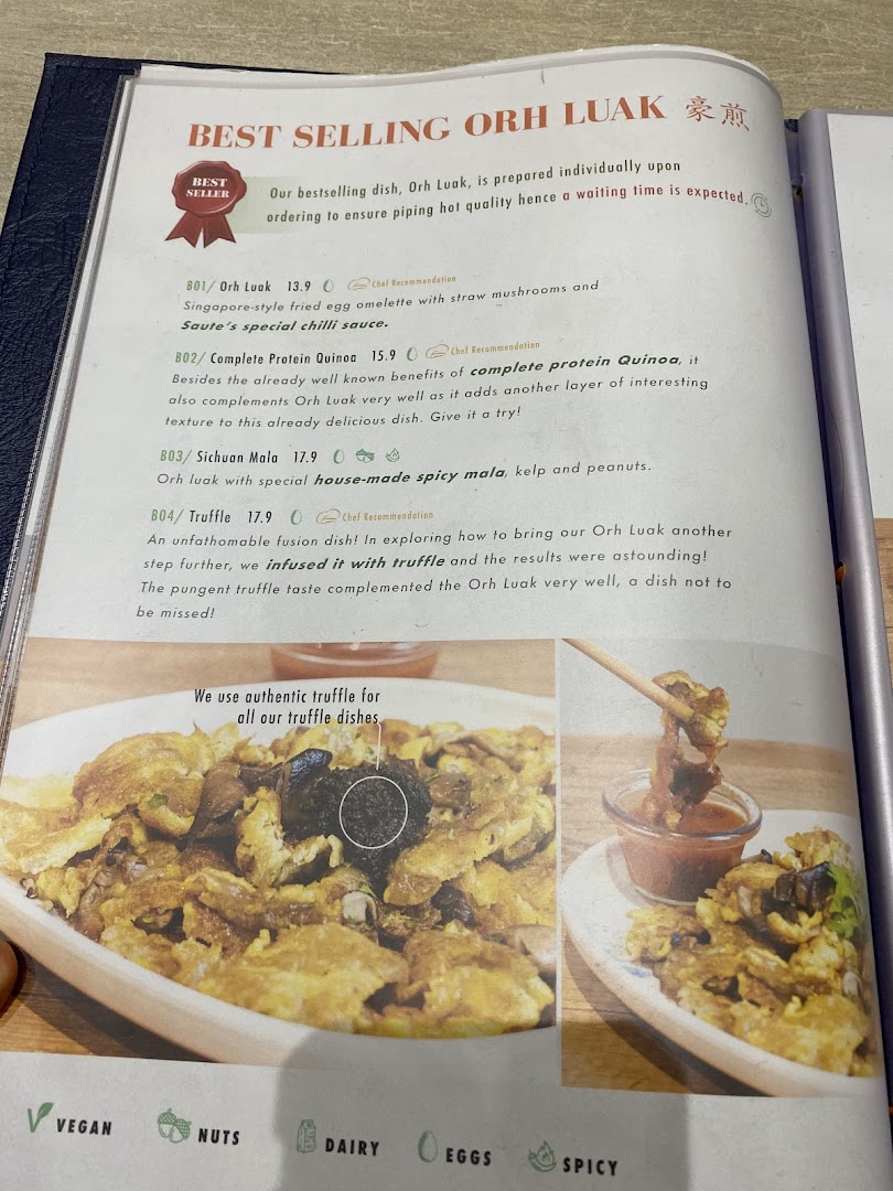 A menu page from Flavours by Saute showcasing their best-selling Orh Luak dishes with descriptions and prices.