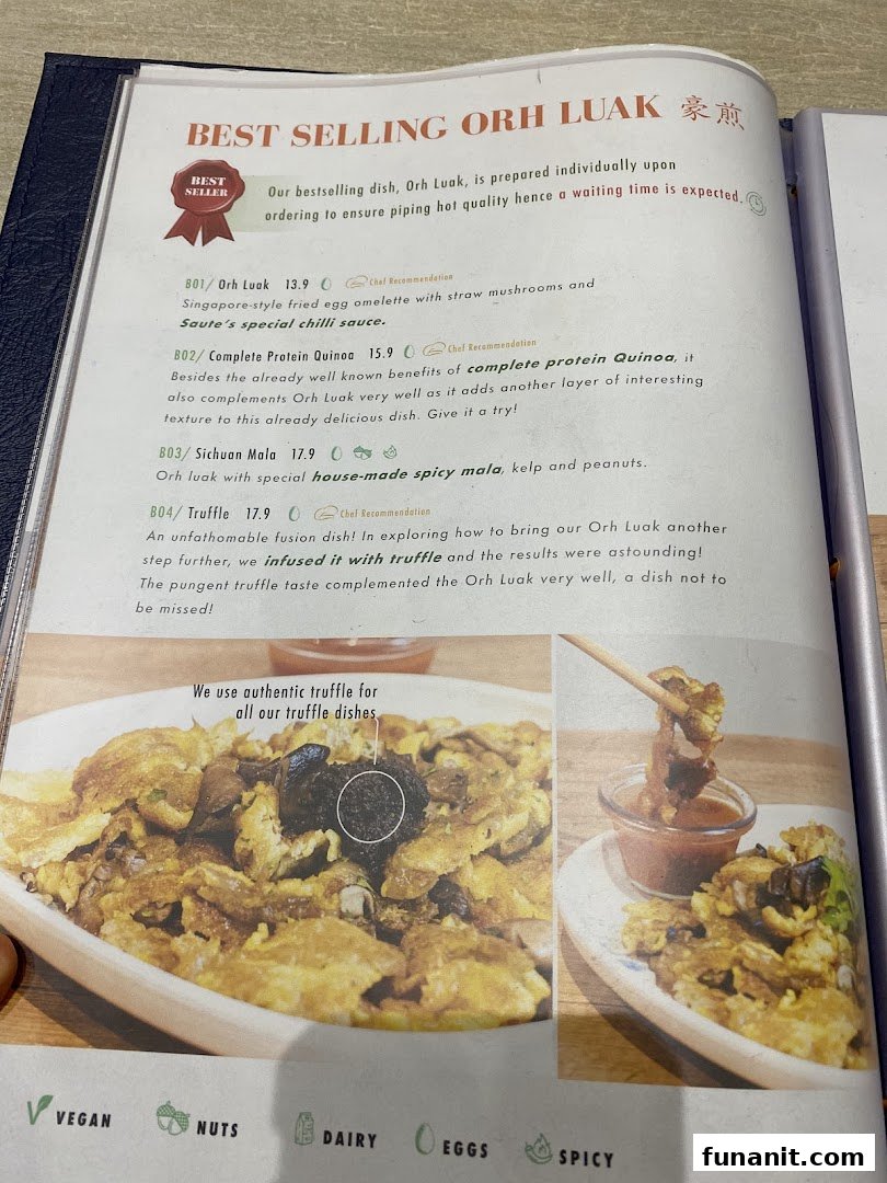 A menu page from Flavours by Saute showcasing their best-selling Orh Luak dishes with descriptions and prices.