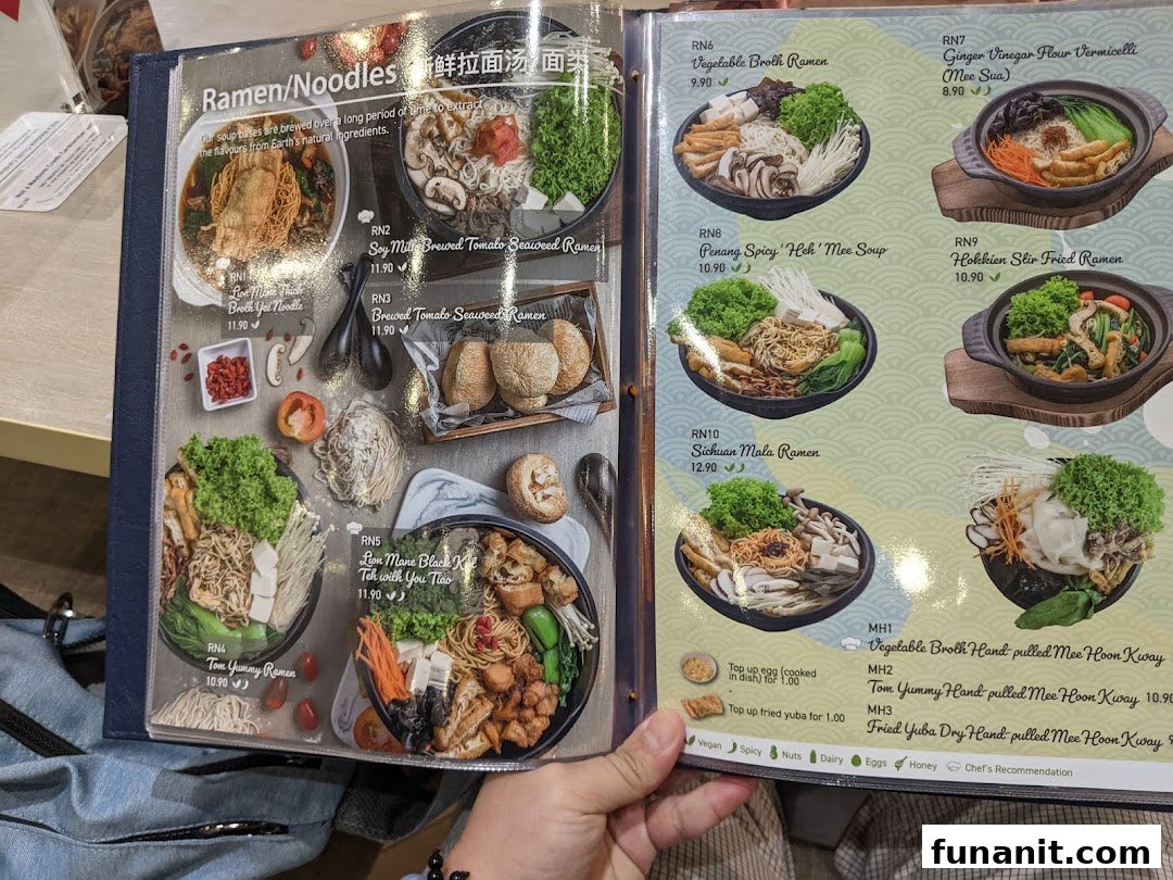 A close-up view of a menu page displaying various vegetarian and vegan ramen and noodle dishes.
