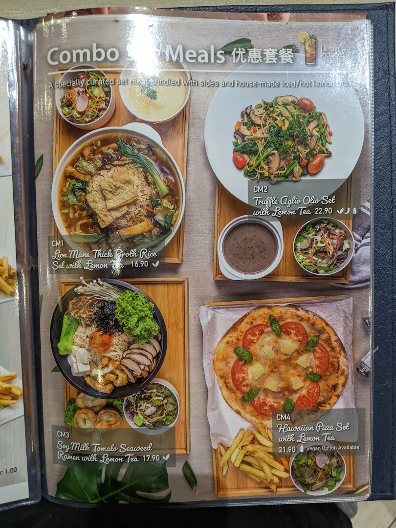A menu page showcasing various vegetarian and vegan combo meals with prices and descriptions.