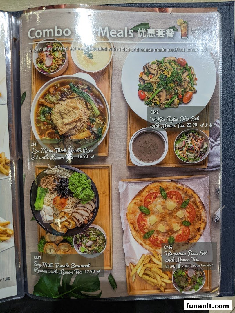 A menu page showcasing various vegetarian and vegan combo meals with prices and descriptions.
