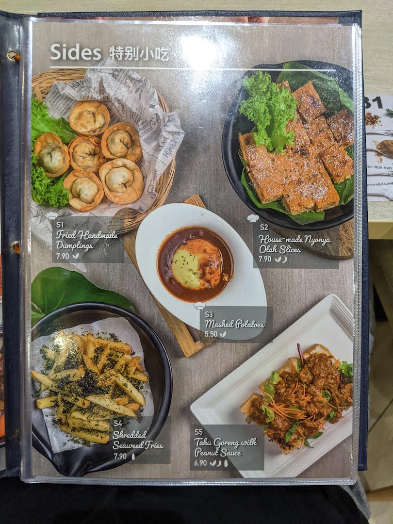 A vibrant menu page showcasing delicious vegetarian and vegan side dishes with prices.