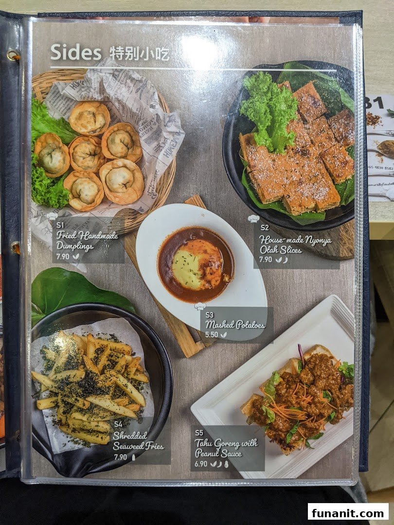 A vibrant menu page showcasing delicious vegetarian and vegan side dishes with prices.