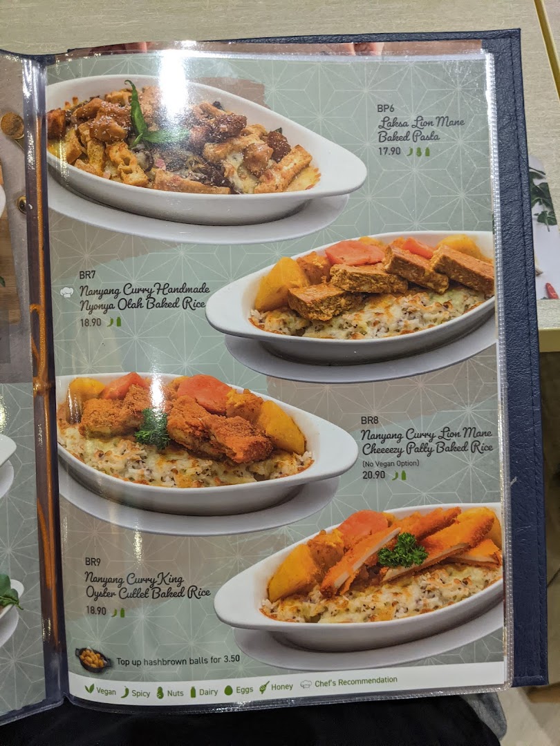 A menu page showcasing various baked pasta and rice dishes with prices and dietary information.