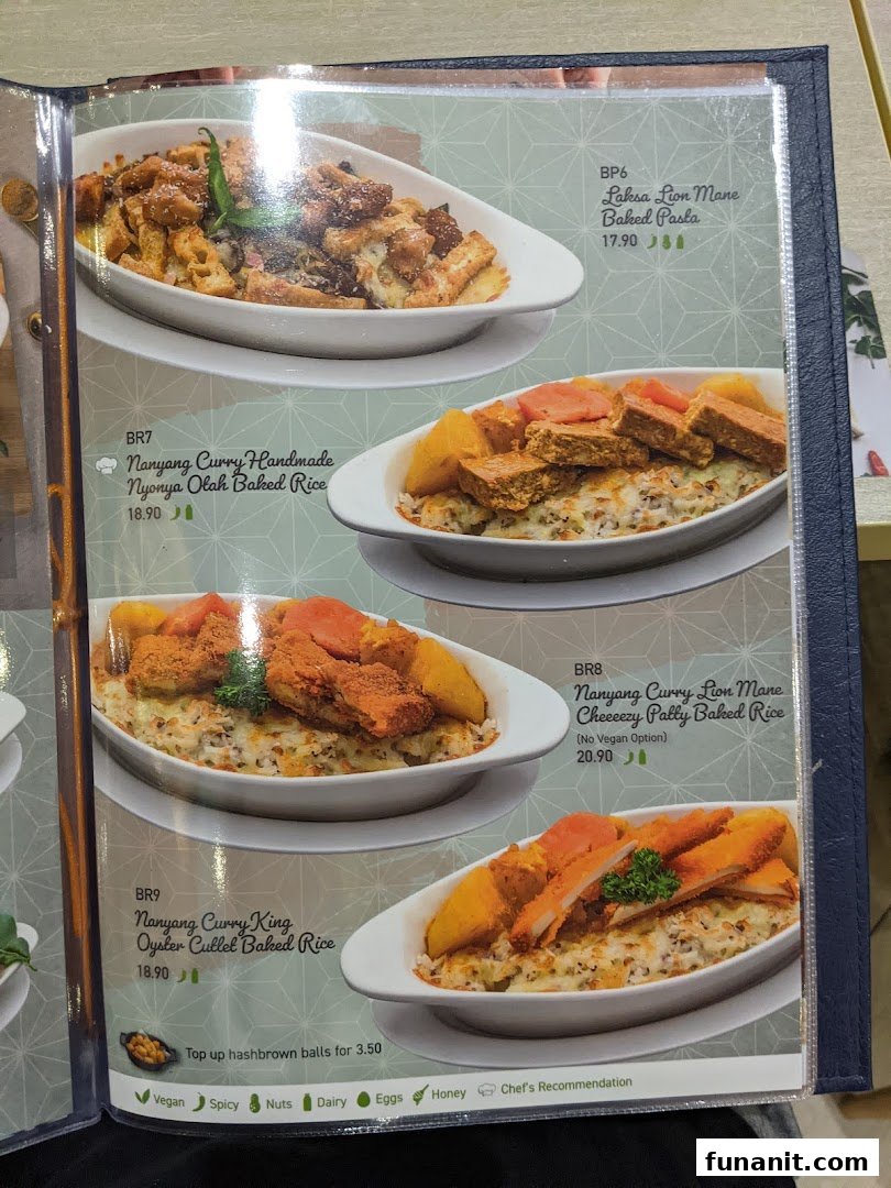A menu page showcasing various baked pasta and rice dishes with prices and dietary information.