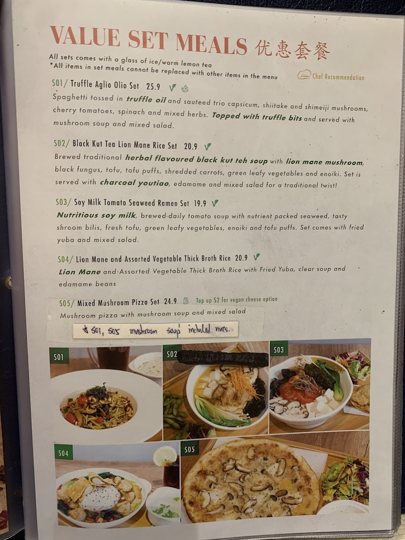 A menu page displaying 'Value Set Meals' with descriptions, prices, and accompanying food images.
