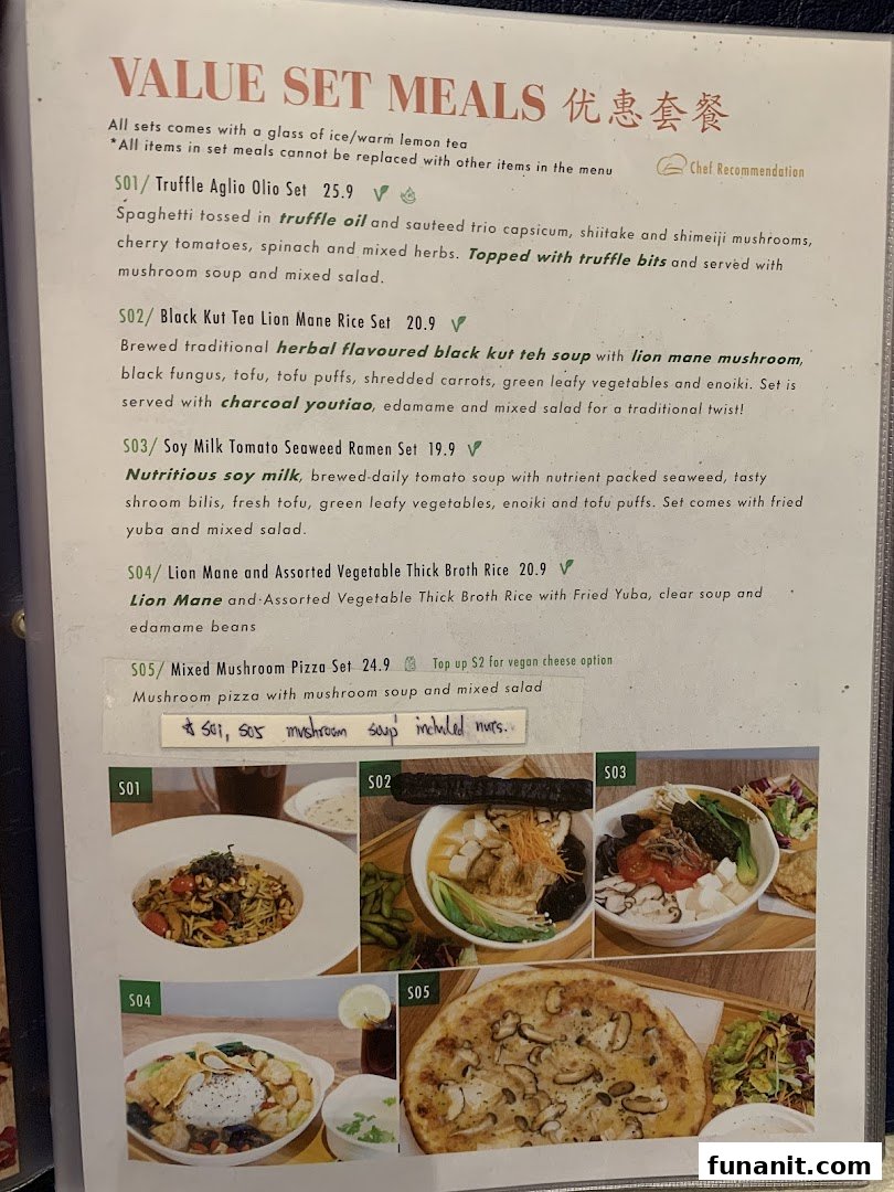 A menu page displaying 'Value Set Meals' with descriptions, prices, and accompanying food images.