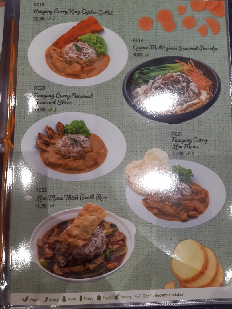 A vibrant menu page showcasing five vegetarian and vegan dishes with their names, prices, and images.