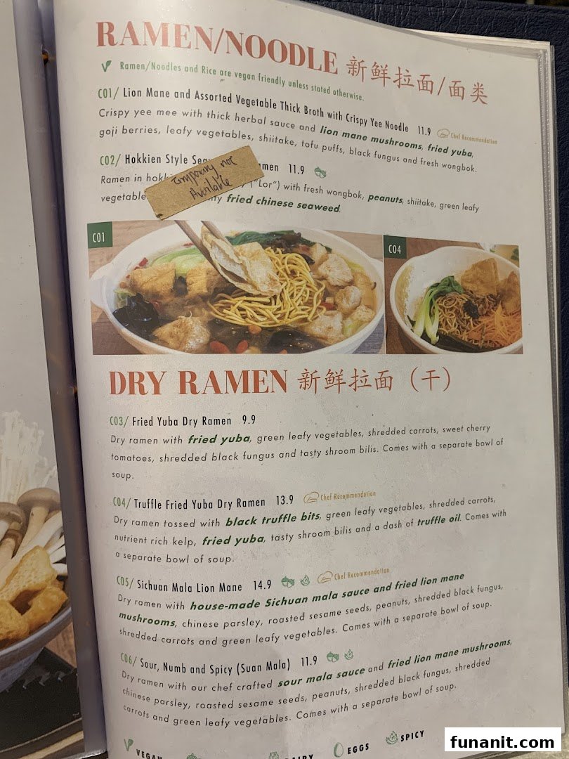 A menu page from Flavours by Saute, showcasing various vegan and vegetarian ramen and dry ramen dishes.
