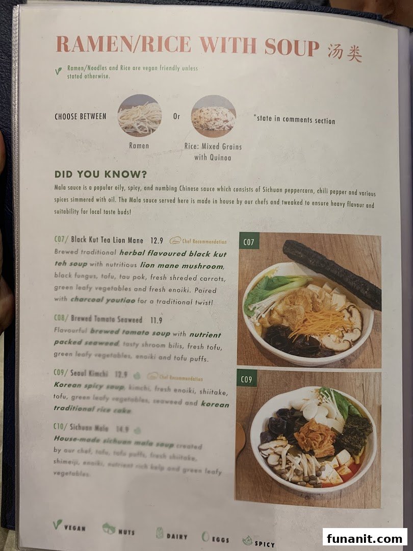 A menu page displaying various ramen and rice with soup options, including descriptions, prices, and dietary information.