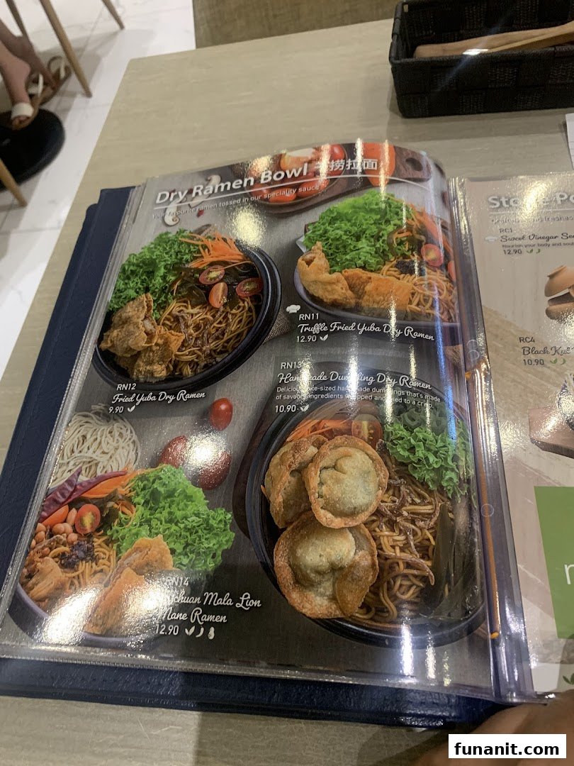 A close-up view of a menu page featuring various dry ramen bowl dishes with images and prices.