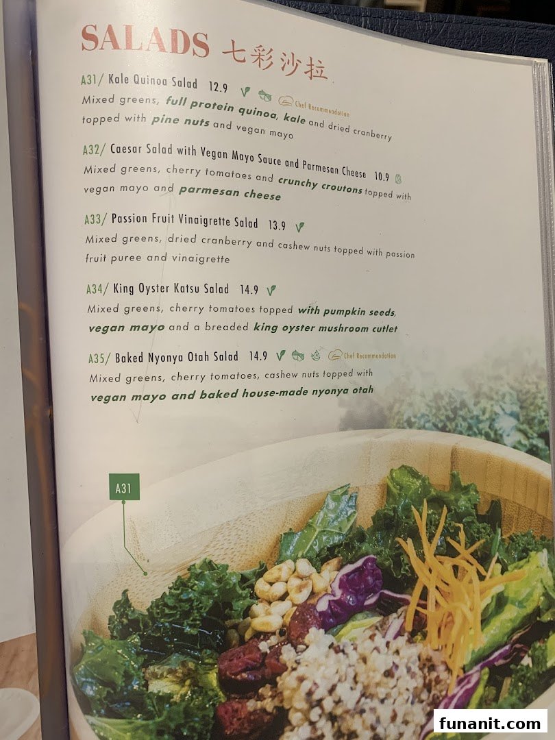 A menu page displaying a variety of healthy and flavorful salad options with descriptions and prices.