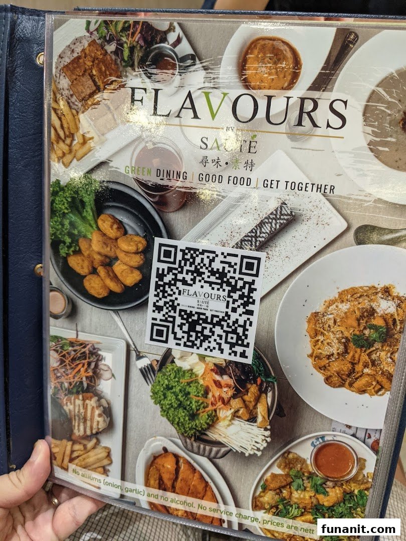 A vibrant menu cover from Flavours by Saute showcasing diverse vegetarian and vegan fusion dishes.