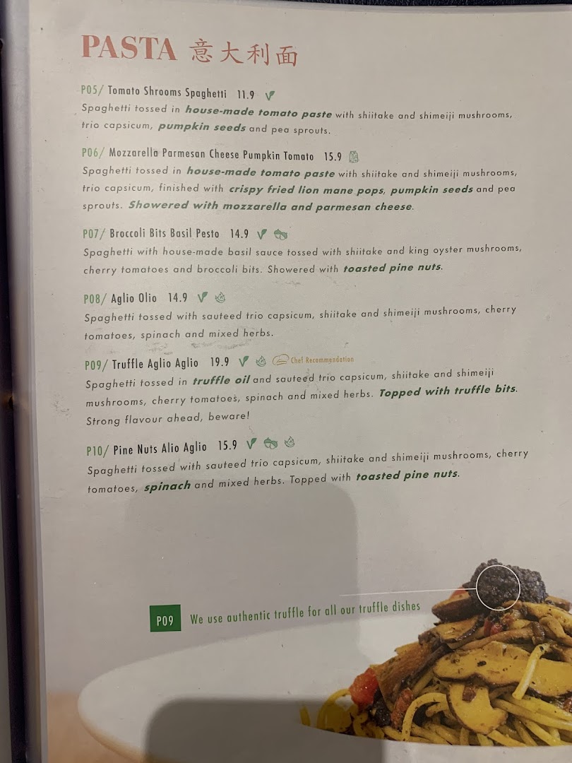A close-up view of the pasta section of Flavours by Saute's menu, detailing various spaghetti dishes.