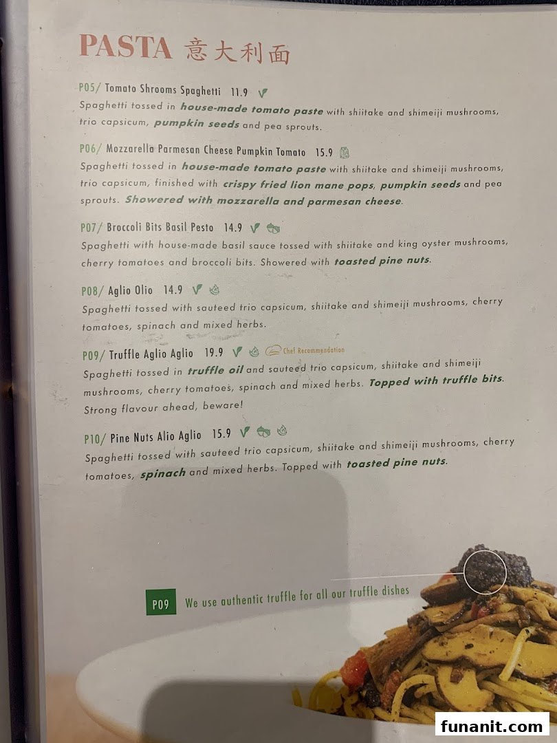 A close-up view of the pasta section of Flavours by Saute's menu, detailing various spaghetti dishes.