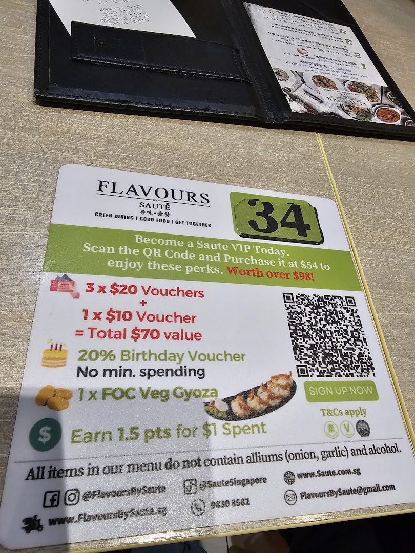 A promotional flyer for Flavours by Saute, detailing VIP membership benefits and contact information.