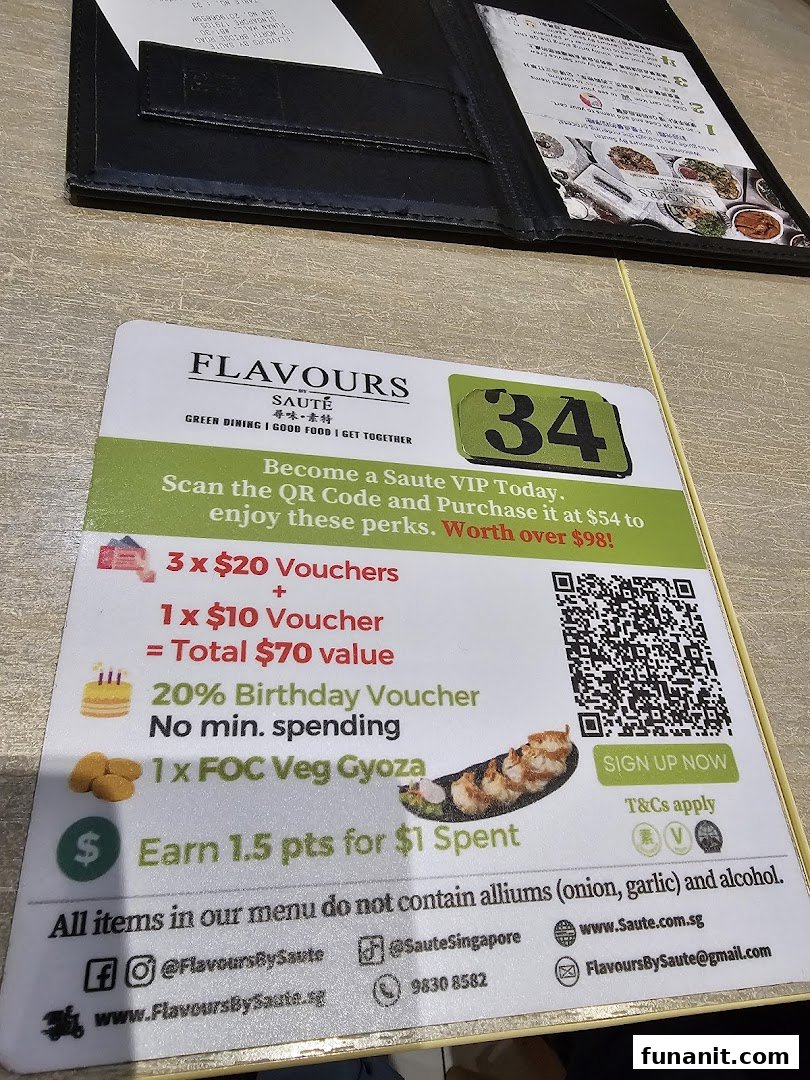 A promotional flyer for Flavours by Saute, detailing VIP membership benefits and contact information.