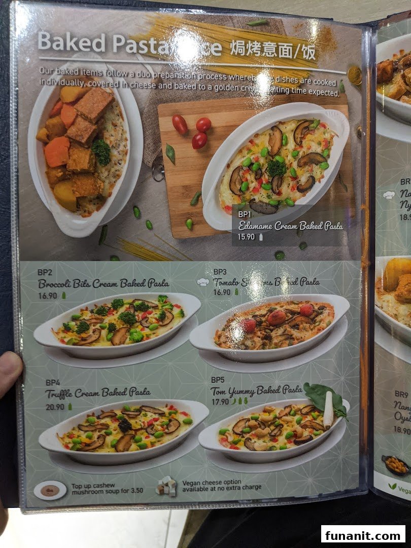 A menu page showcasing various baked pasta dishes with descriptions and prices.